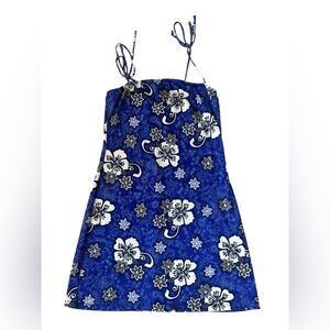 VINTAGE 90S STATUS HIBISCUS BLUE SUMMER TANK MINI DRESS LARGE WOMENS USA MADE